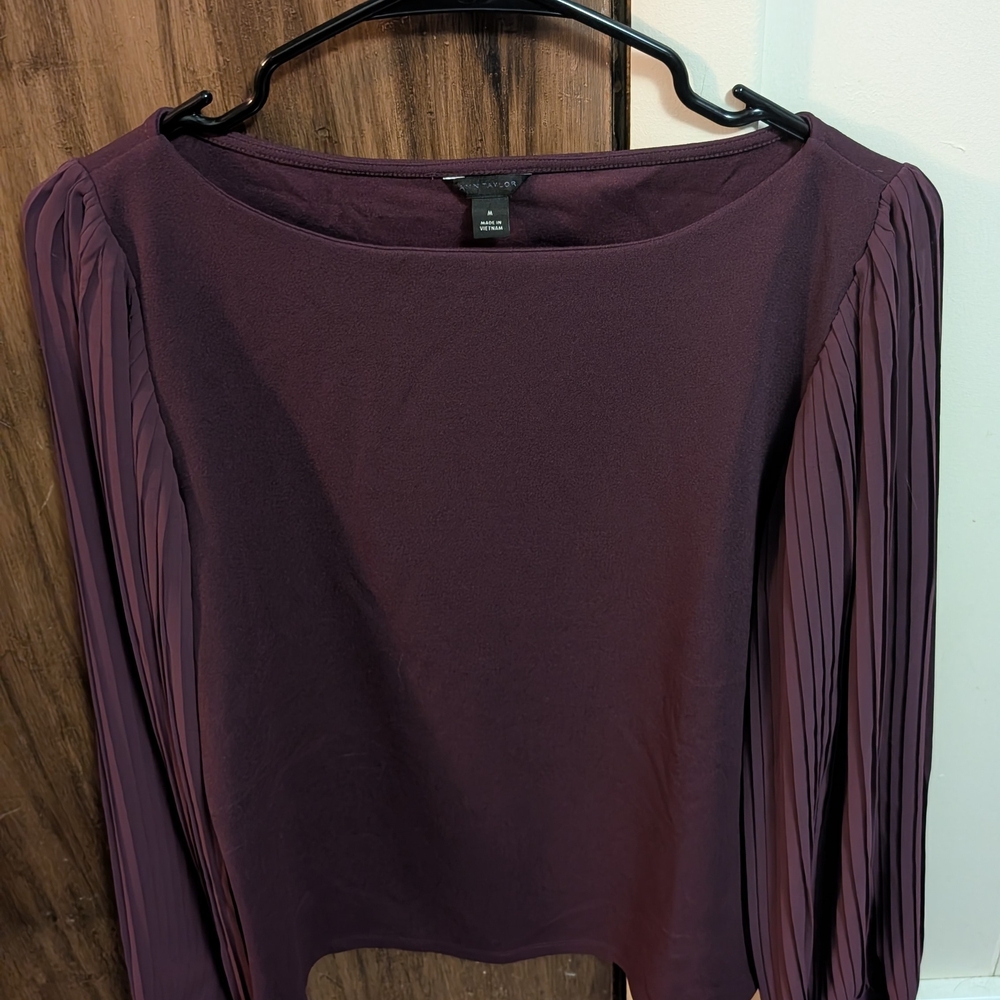 Ann Taylor Mixed Media Pleated Sleeve Blouse - Picture 2 of 4